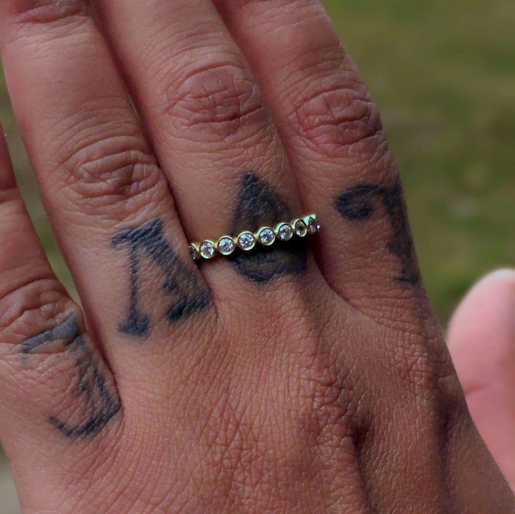 lab grown diamond bezel wedding ring on finger