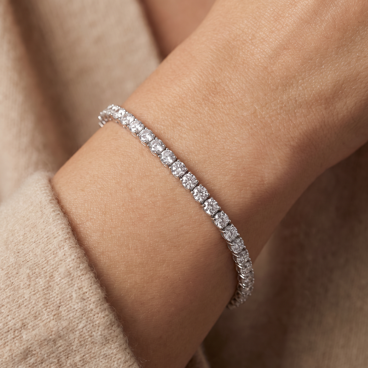 2.5 carat Lab-Grown Diamond tennis bracelet in 14K white gold worn on the wrist