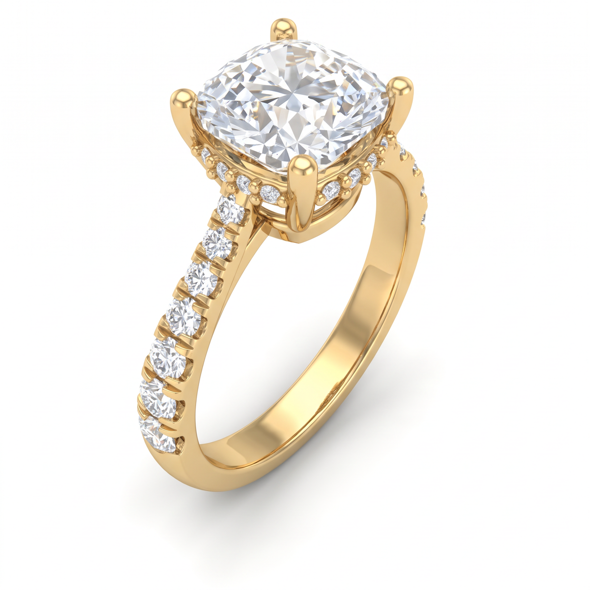 Angled view of a 2.5ct cushion cut Lab-Grown Diamond solitaire in 14K yellow gold with four-prong setting and pavé shank