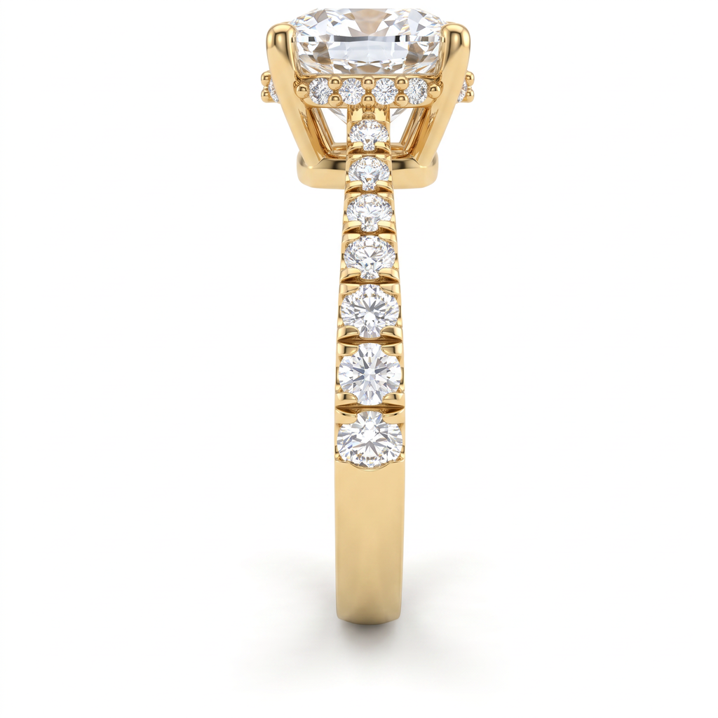 Side view of a 2.5ct cushion engagement ring in 14K yellow gold with graduated pavé Lab-Grown Diamond band and hidden halo basket