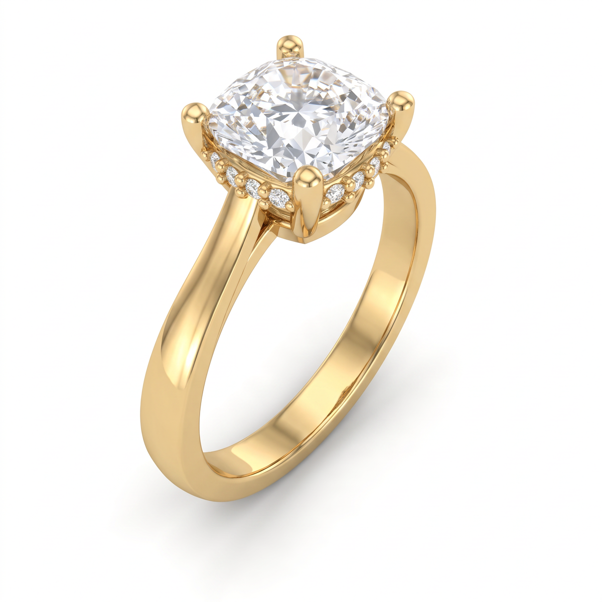 Three-quarter view of the 2.5ct cushion hidden halo ring in 14K yellow gold, pave halo visible beneath the basket