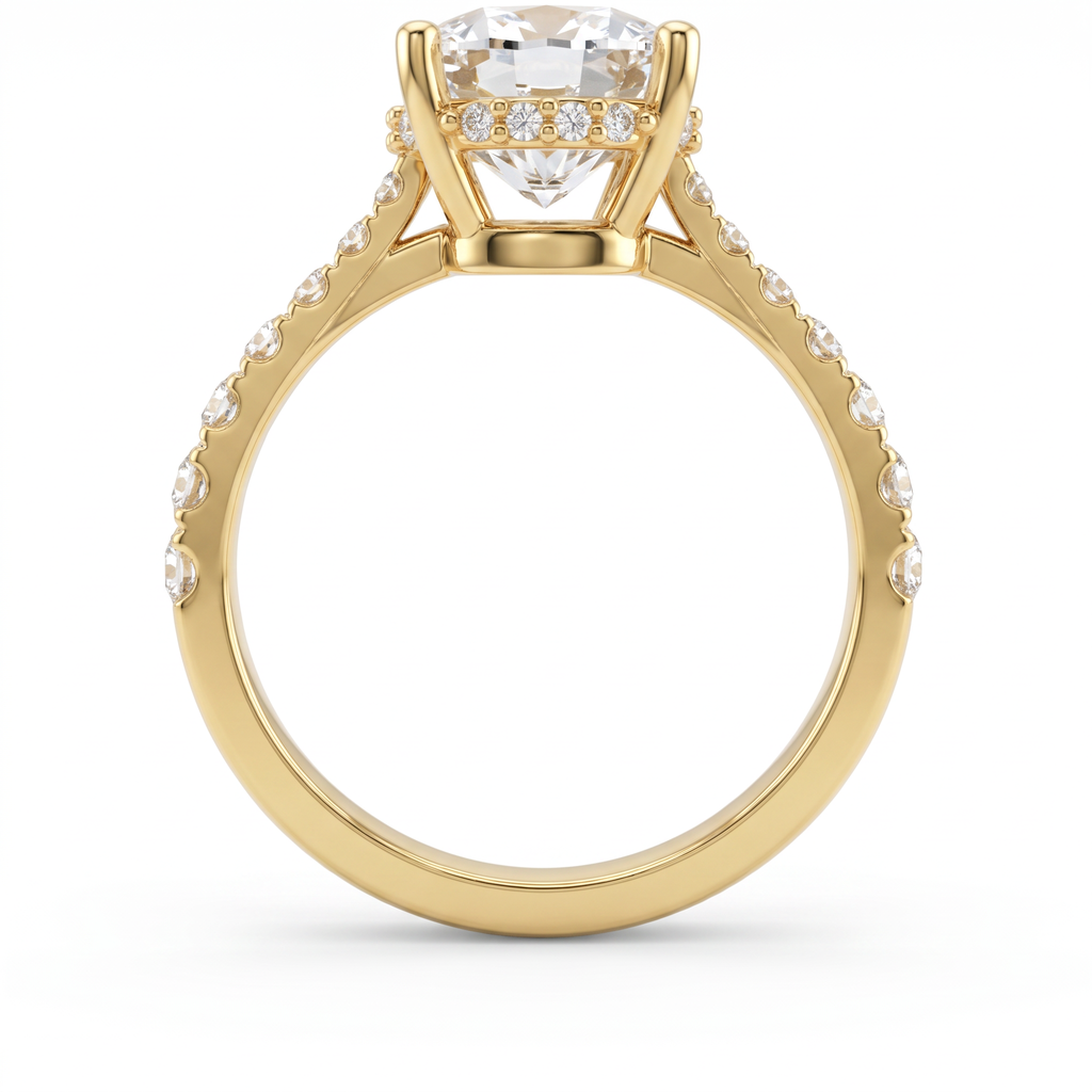 Profile view of a 2.5ct cushion engagement ring in 14K gold showing the hidden halo of Lab-Grown Diamonds under the center stone