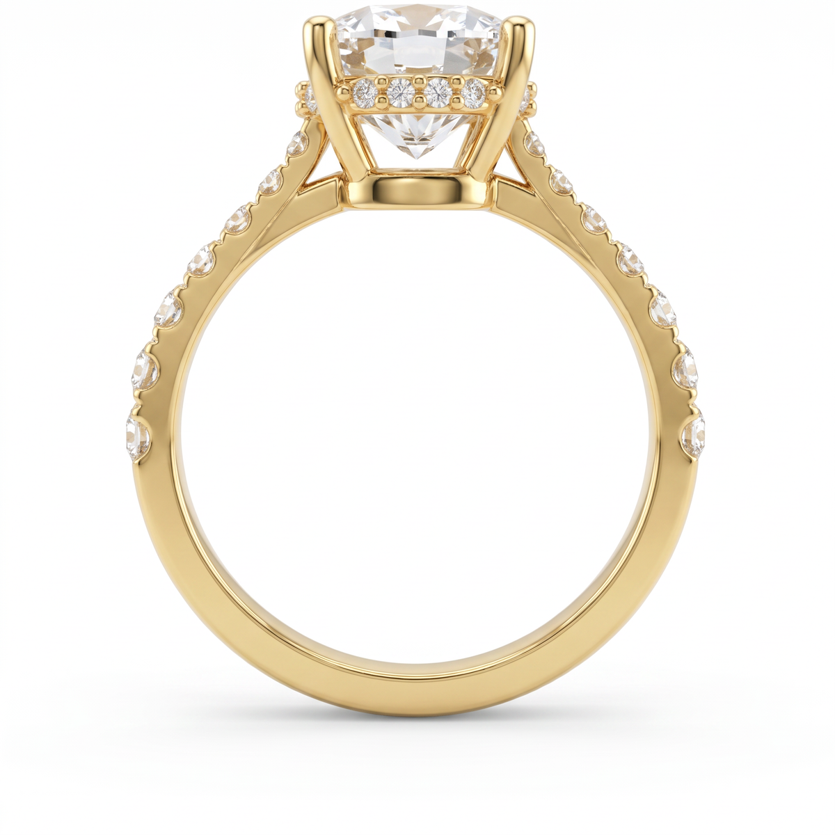 Profile view of a 2.5ct cushion engagement ring in 14K gold showing the hidden halo of Lab-Grown Diamonds under the center stone