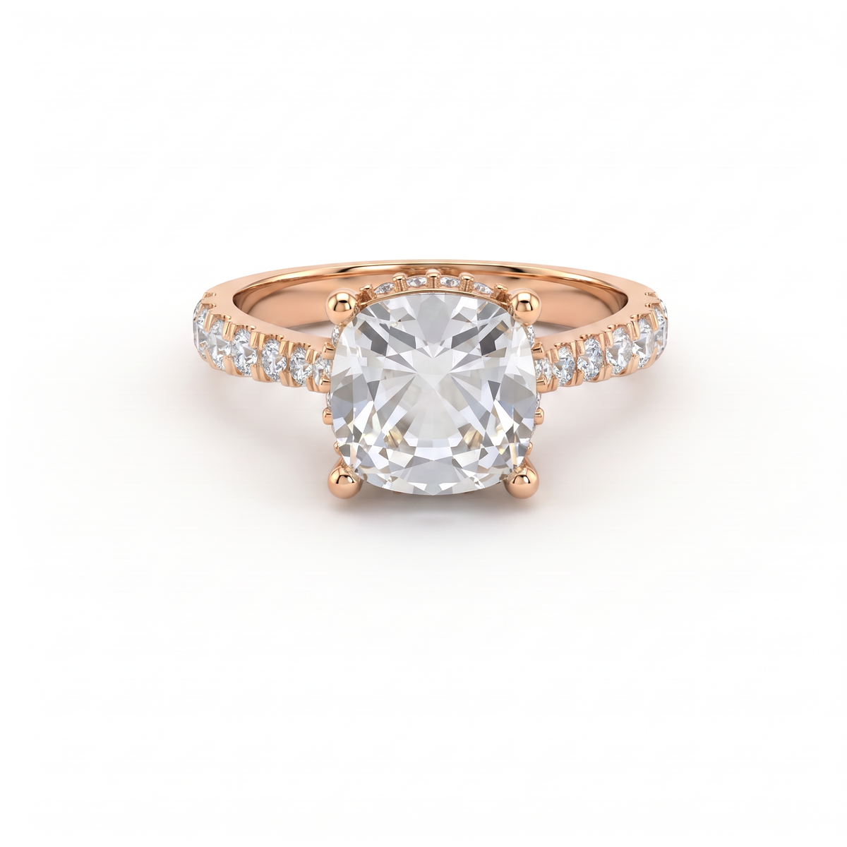 2.5ct cushion cut Lab-Grown Diamond engagement ring in 14K rose gold with hidden halo and pavé band, top view