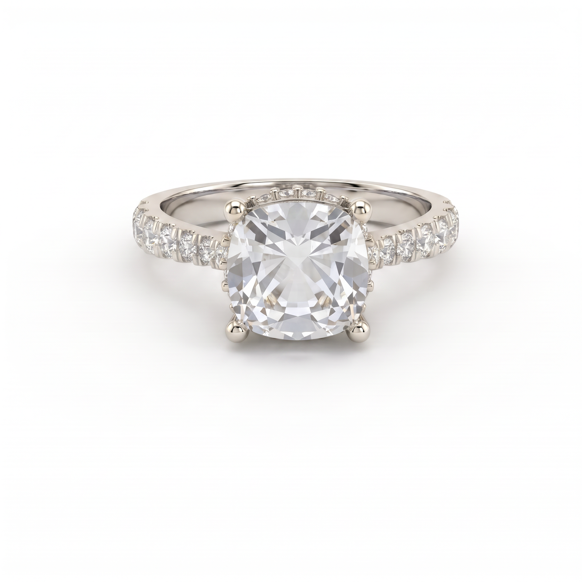 2.5ct cushion cut Lab-Grown Diamond engagement ring in 14K white gold with hidden halo and pavé band, top view