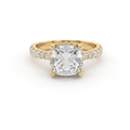 2.5ct cushion cut Lab-Grown Diamond engagement ring in 14K yellow gold with hidden halo and pavé band, top view