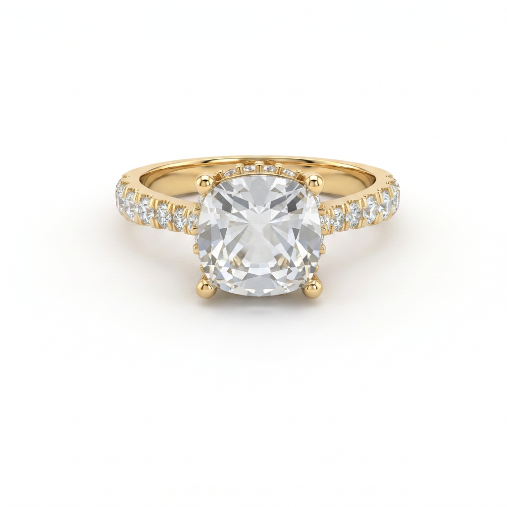2.5ct cushion cut Lab-Grown Diamond engagement ring in 14K yellow gold with hidden halo and pavé band, top view