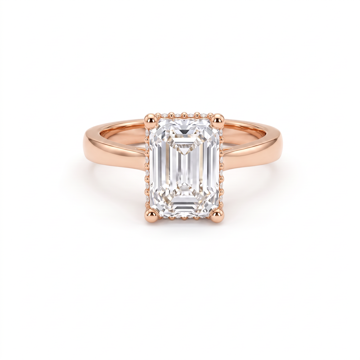 2.5ct emerald cut Lab-Grown Diamond hidden halo engagement ring in 14K rose gold, front view