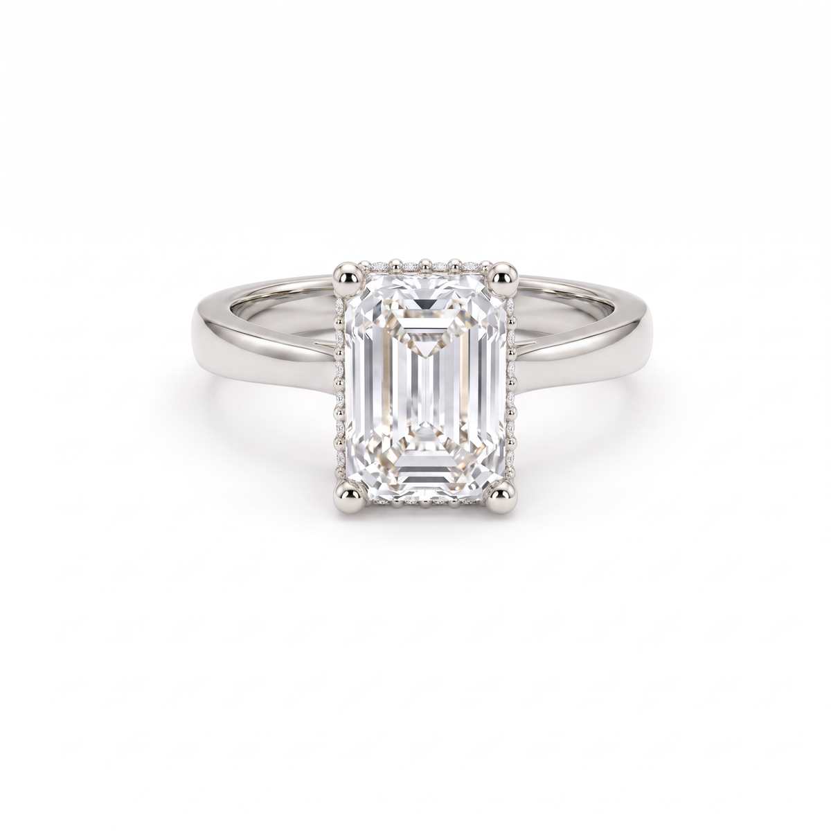 2.5ct emerald cut hidden halo engagement ring in 14K white gold with a Lab-Grown Diamond center stone