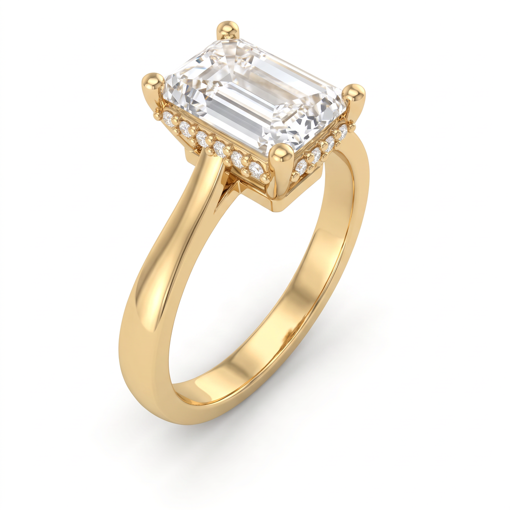 Angled view of a 2.5 carat emerald cut Lab-Grown Diamond engagement ring in 14K yellow gold