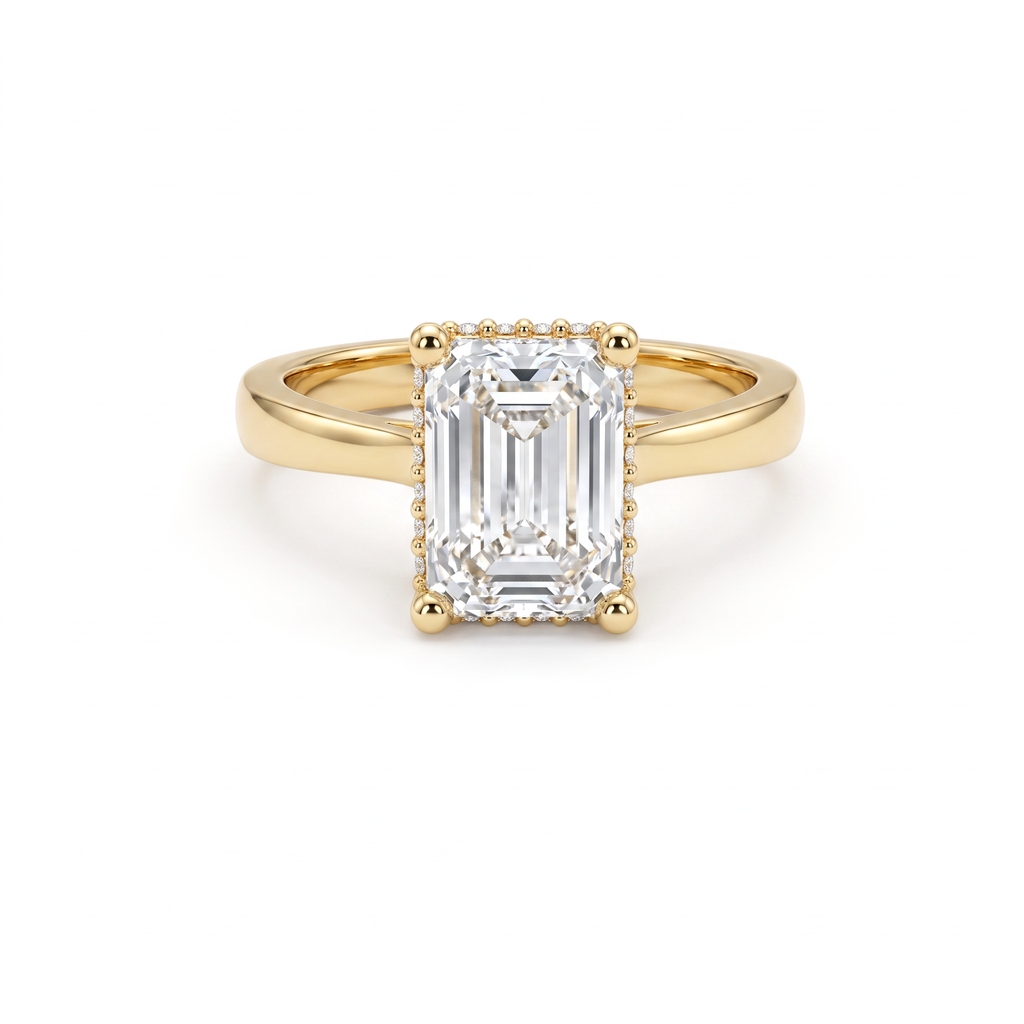 2.5ct emerald cut Lab-Grown Diamond hidden halo engagement ring in 14K yellow gold, front view