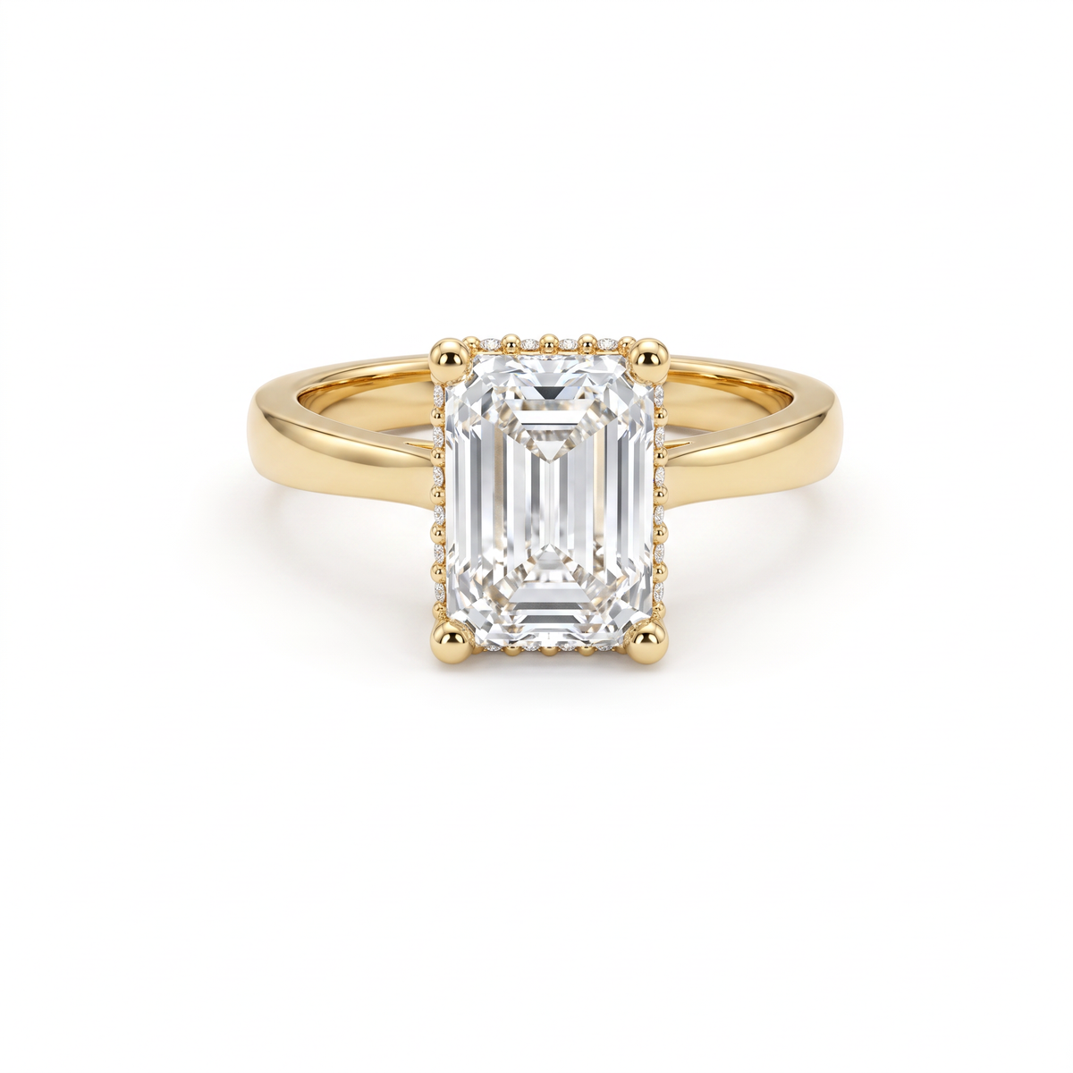 2.5ct emerald cut Lab-Grown Diamond hidden halo engagement ring in 14K yellow gold, front view