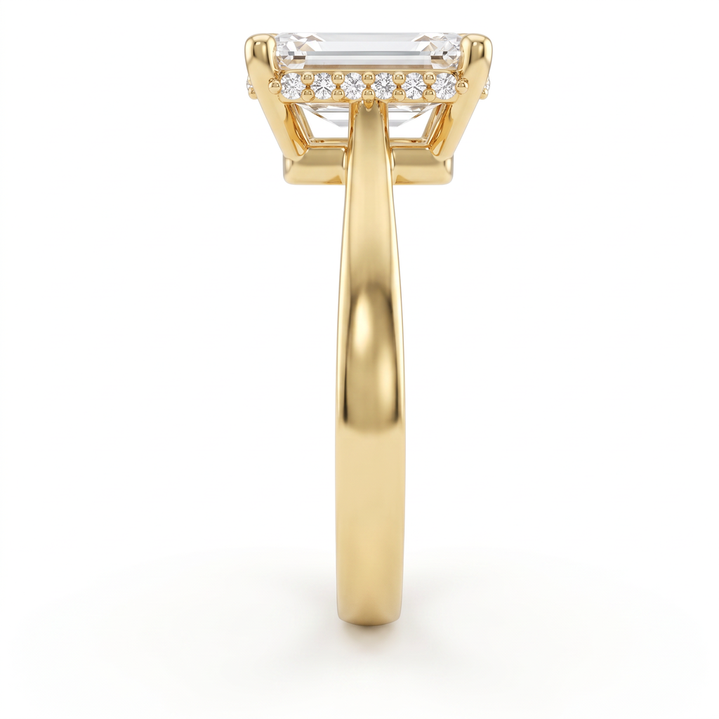Hidden halo detail, pavé Lab-Grown Diamonds set beneath a 2.5ct emerald cut center stone in 14K gold