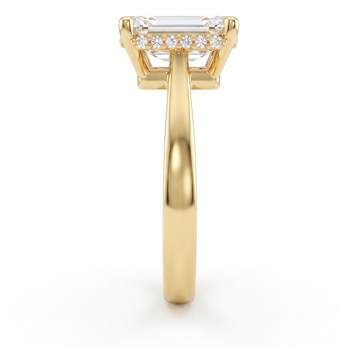 Hidden halo detail, pavé Lab-Grown Diamonds set beneath a 2.5ct emerald cut center stone in 14K gold