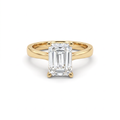 2.5ct emerald cut diamond solitaire in 14K yellow gold, front view, four-prong head on a 2.5mm shank