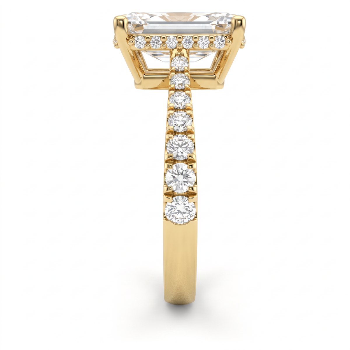 2.5ct emerald cut Lab-Grown Diamond engagement ring in 14K yellow gold, side view detail of pavé band and hidden halo