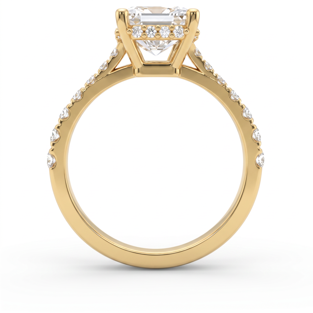 2.5ct emerald cut Lab-Grown Diamond engagement ring in 14K yellow gold, profile view showing hidden halo under the center stone