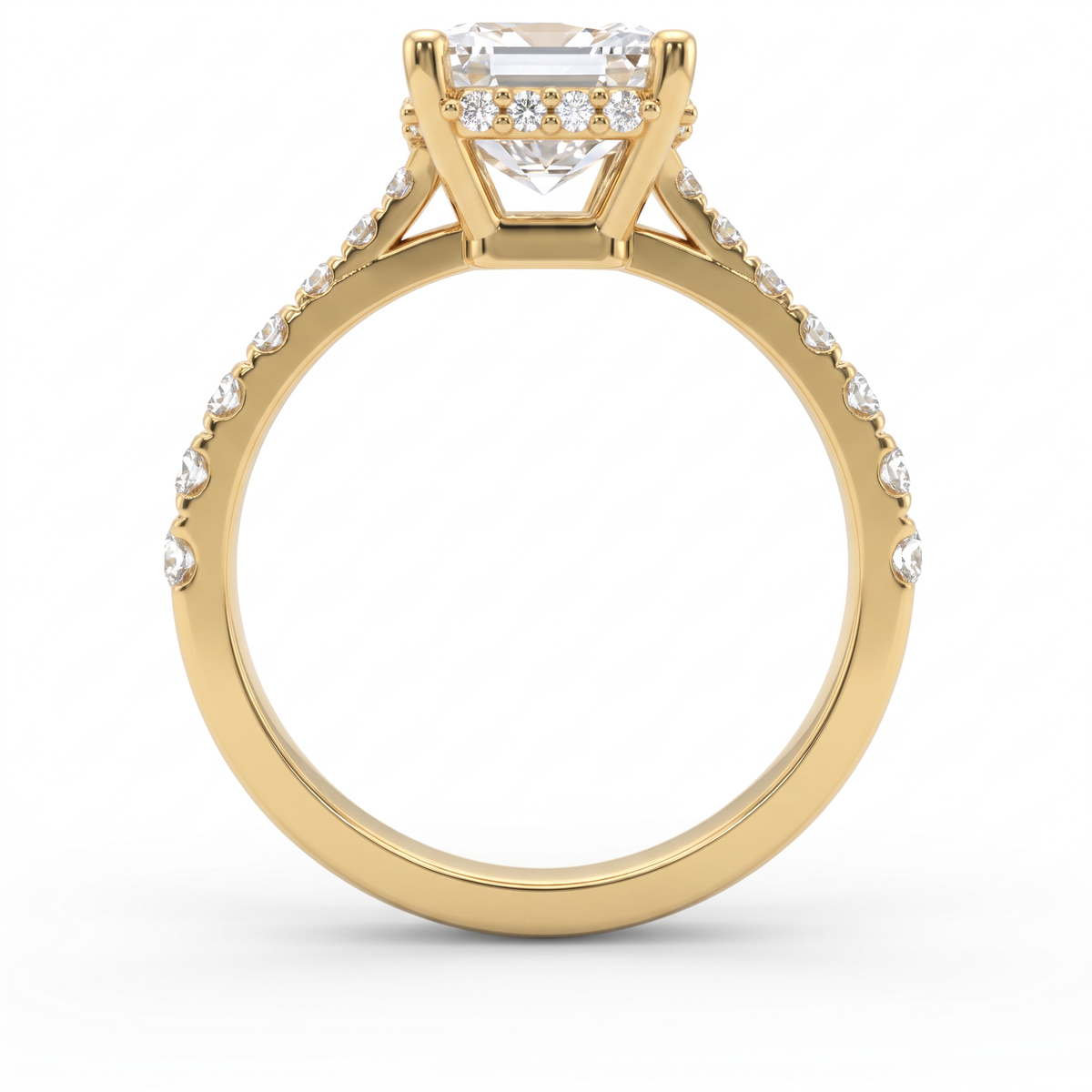 2.5ct emerald cut Lab-Grown Diamond engagement ring in 14K yellow gold, profile view showing hidden halo under the center stone