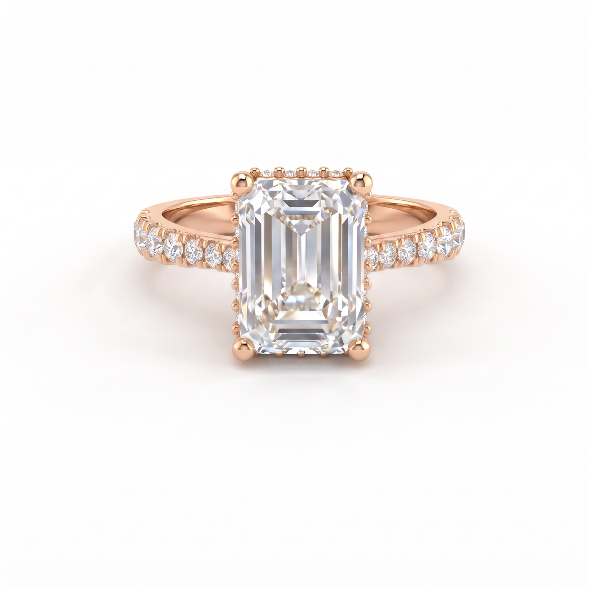 2.5ct emerald cut Lab-Grown Diamond engagement ring in 14K rose gold with hidden halo and pavé band, top view