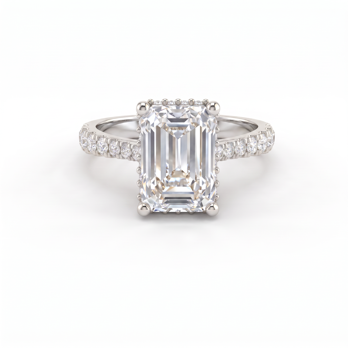 2.5ct emerald cut Lab-Grown Diamond engagement ring in 14K white gold with hidden halo and pavé band, top view