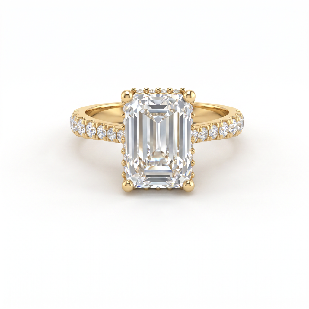 2.5ct emerald cut Lab-Grown Diamond engagement ring in 14K yellow gold with hidden halo and pavé band, top view