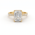 2.5ct emerald cut Lab-Grown Diamond engagement ring in 14K yellow gold with hidden halo and pavé band, top view