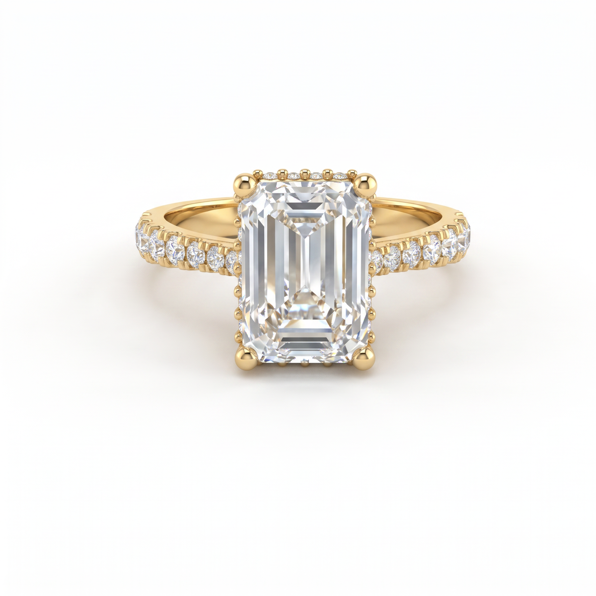 2.5ct emerald cut Lab-Grown Diamond engagement ring in 14K yellow gold with hidden halo and pavé band, top view