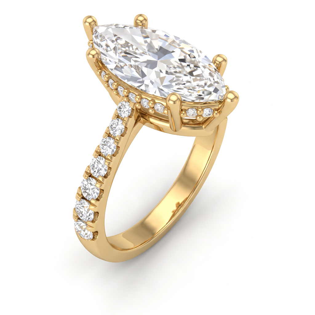 Angled view of a 2.5ct marquise cut Lab-Grown Diamond solitaire in 14K yellow gold with six-prong setting and pavé shank