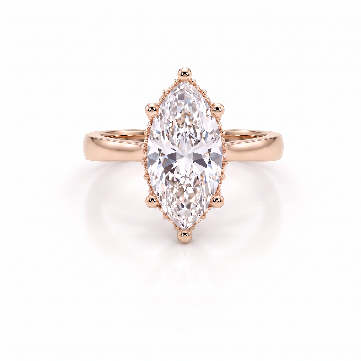 2.5ct marquise cut Lab-Grown Diamond hidden halo engagement ring in 14K rose gold, front view