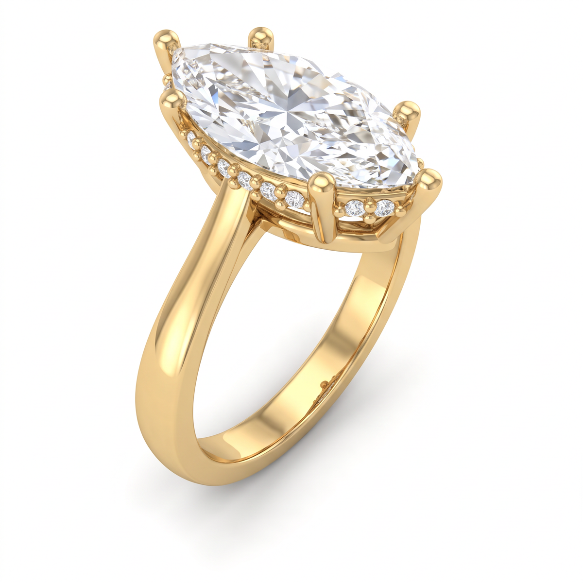 Angled view of a 2.5 carat elongated marquise Lab-Grown Diamond engagement ring in 14K yellow gold