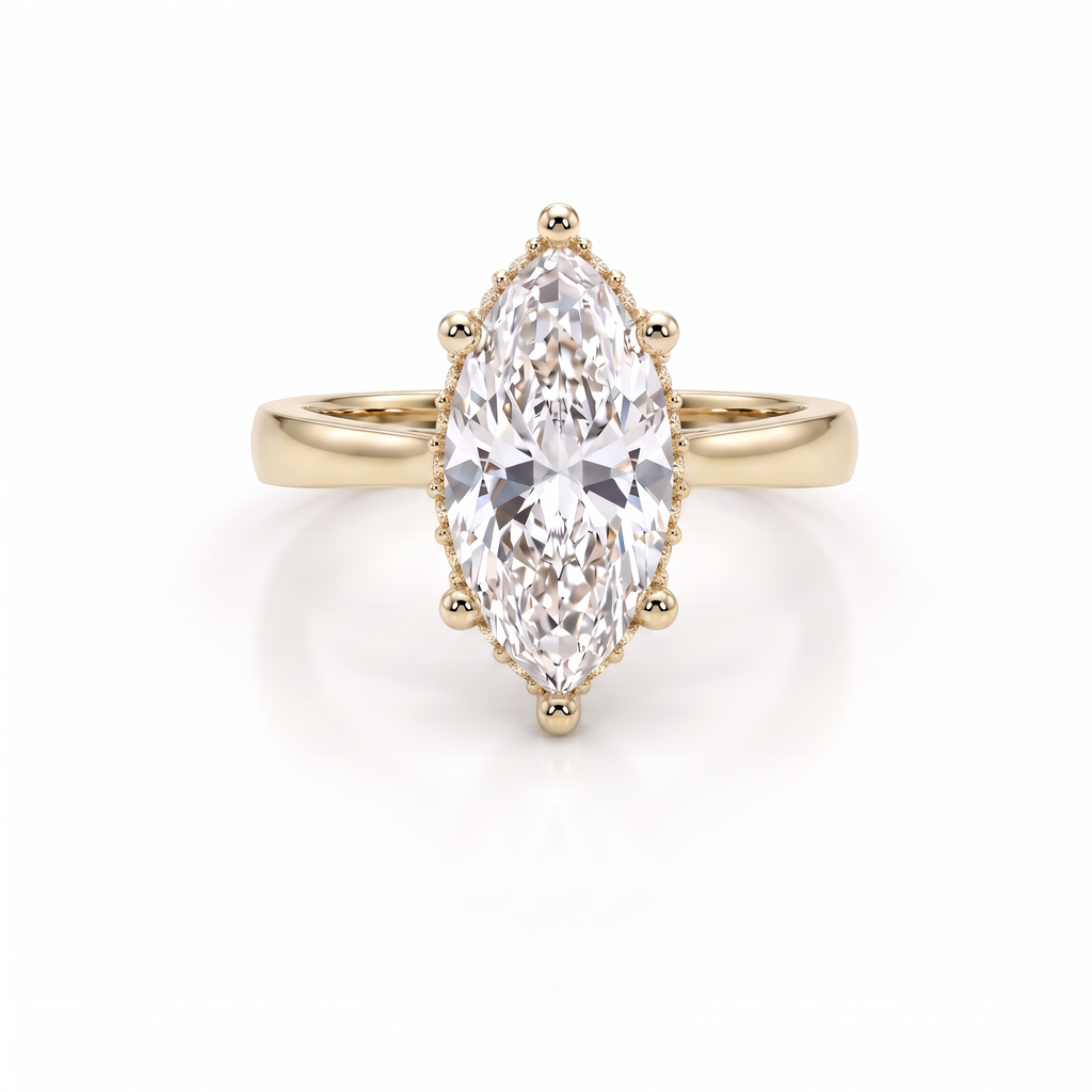 2.5ct marquise cut Lab-Grown Diamond hidden halo engagement ring in 14K yellow gold, front view