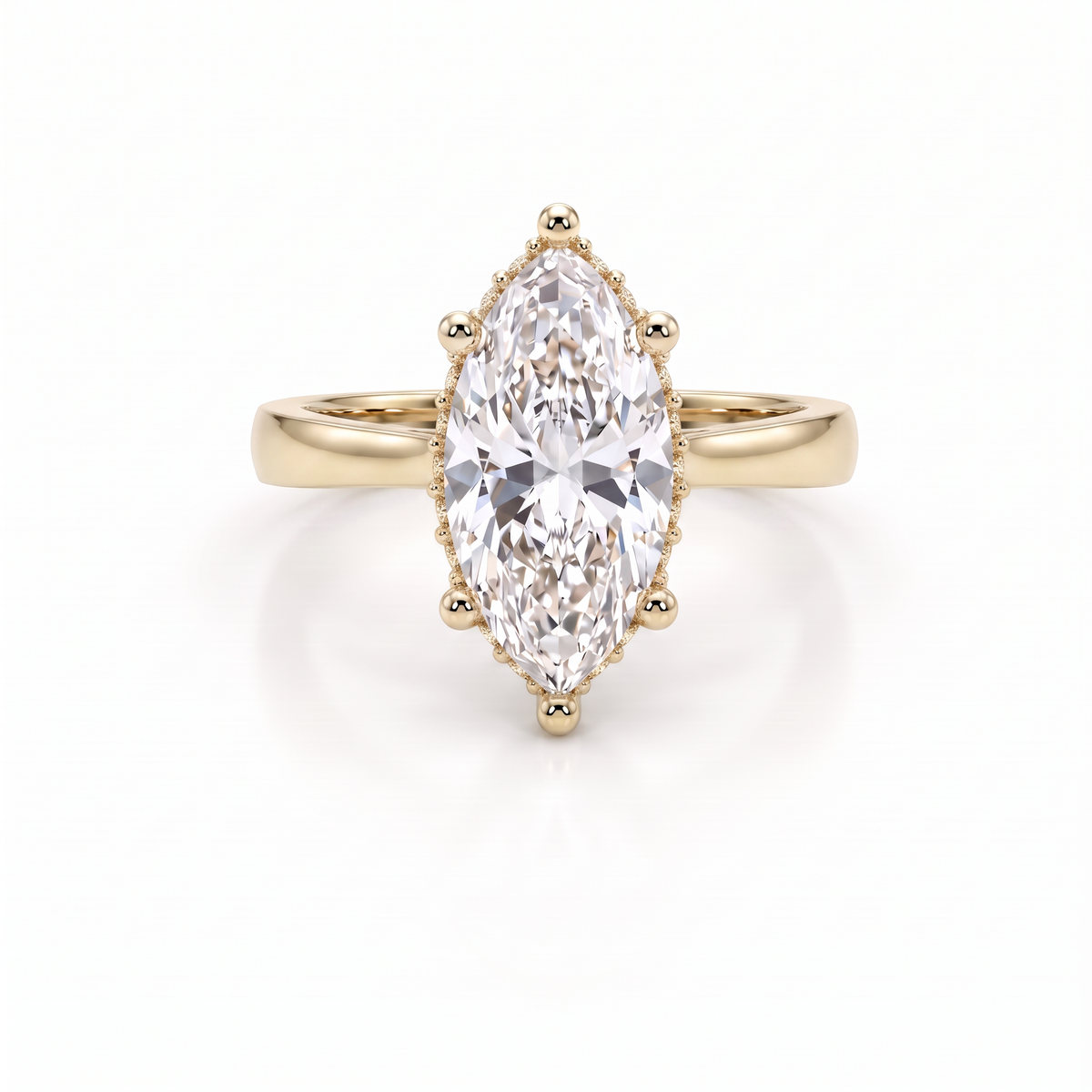 2.5ct marquise cut Lab-Grown Diamond hidden halo engagement ring in 14K yellow gold, front view