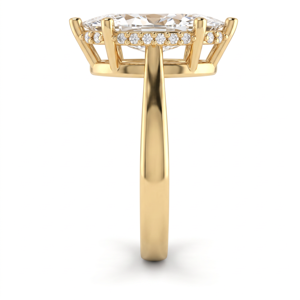 Hidden halo detail, pavé Lab-Grown Diamonds set beneath a 2.5ct marquise center stone in 14K yellow gold