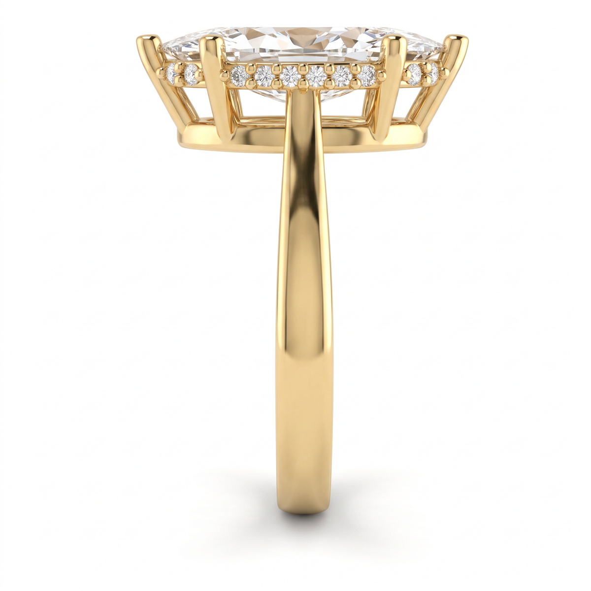 Hidden halo detail, pavé Lab-Grown Diamonds set beneath a 2.5ct marquise center stone in 14K yellow gold