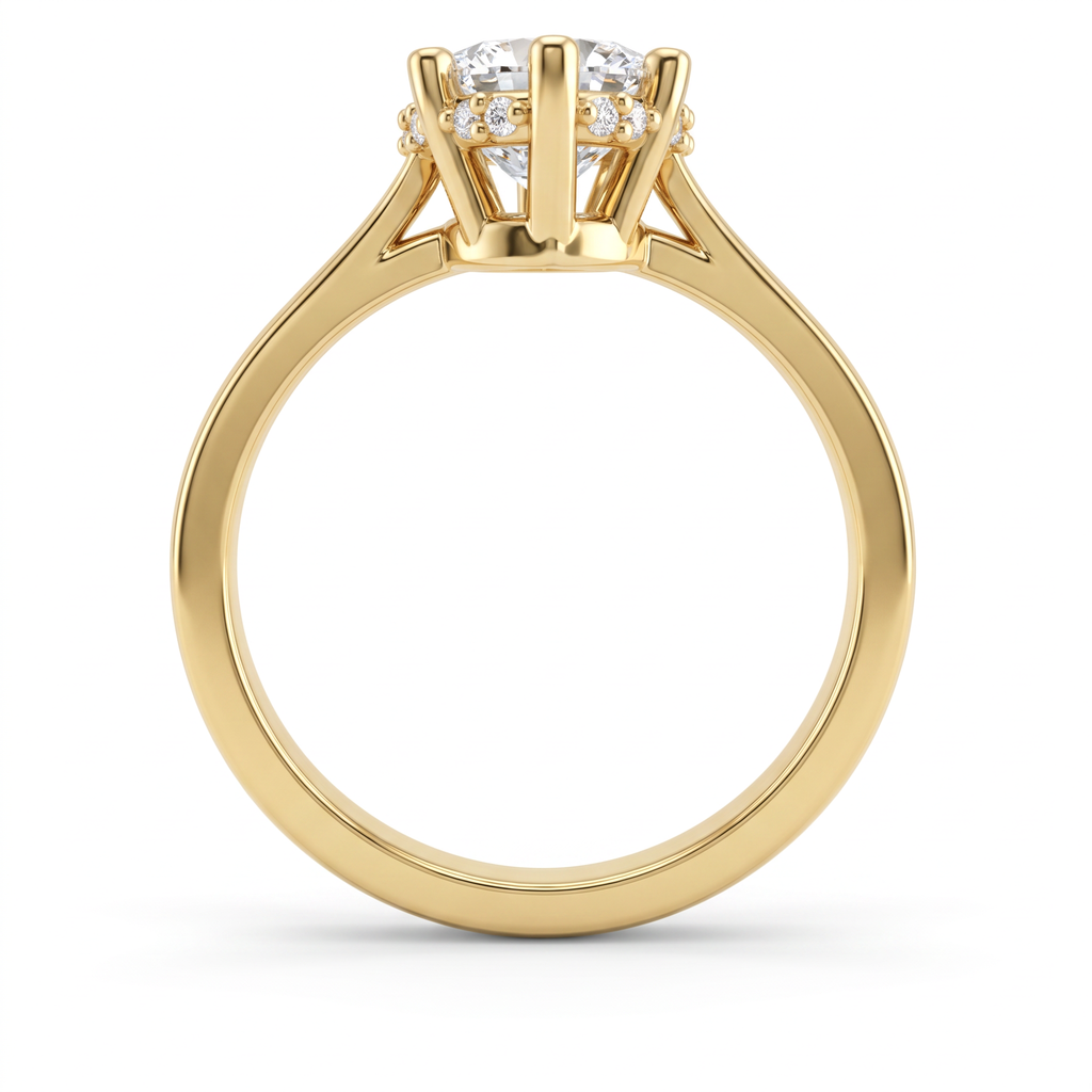 Profile of a 2.5ct marquise hidden halo engagement ring in 14K yellow gold, six-prong setting