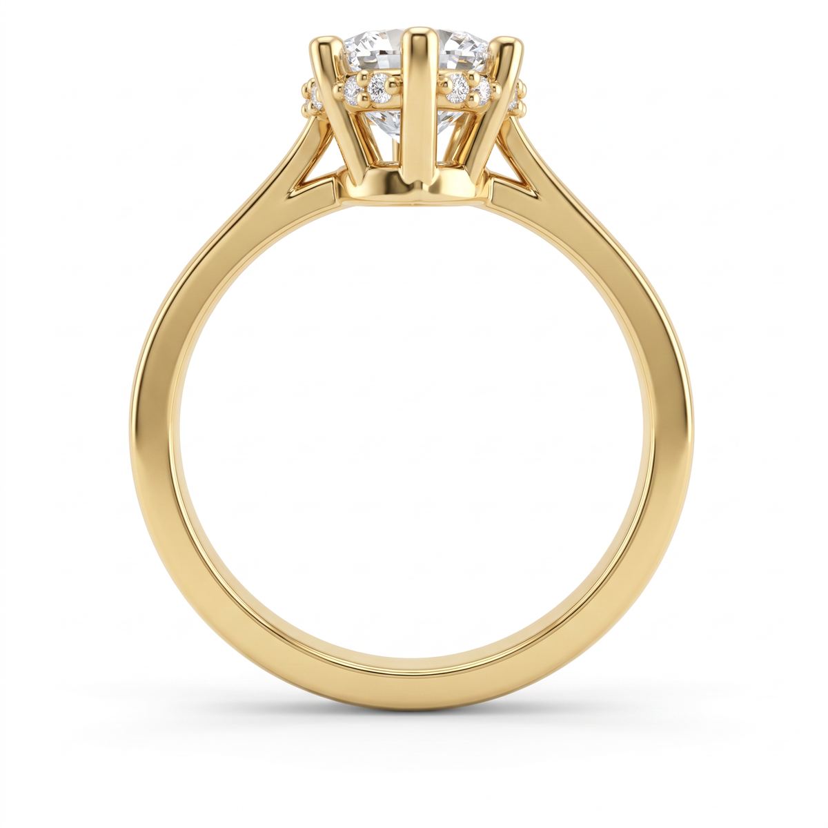 Profile of a 2.5ct marquise hidden halo engagement ring in 14K yellow gold, six-prong setting
