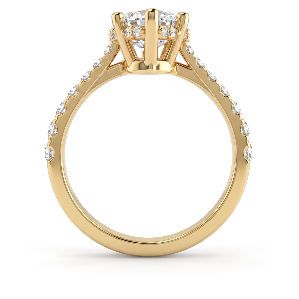 Profile view of a 2.5ct marquise engagement ring in 14K gold showing the hidden halo of Lab-Grown Diamonds under the center stone