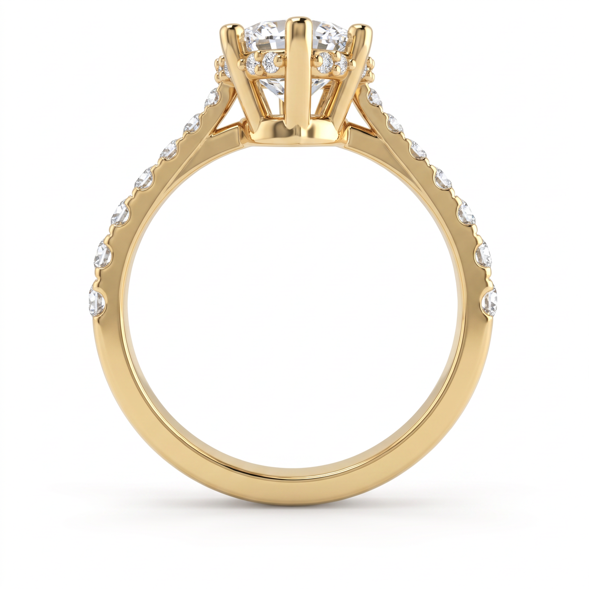 Profile view of a 2.5ct marquise engagement ring in 14K gold showing the hidden halo of Lab-Grown Diamonds under the center stone