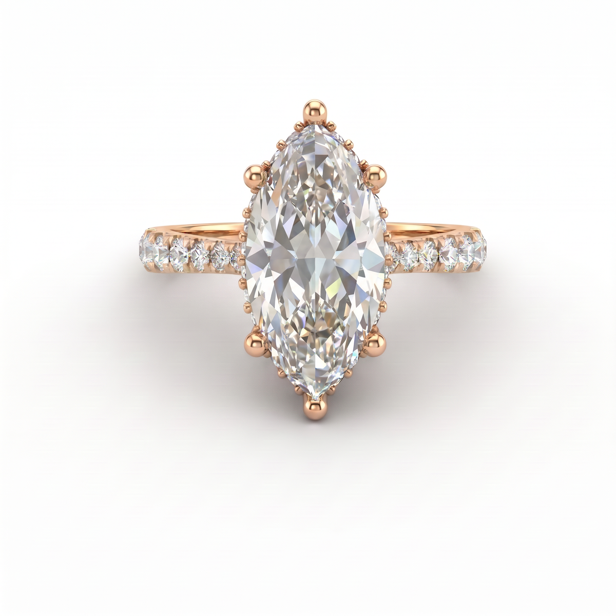 2.5ct marquise cut Lab-Grown Diamond engagement ring in 14K rose gold with hidden halo and pavé band, top view