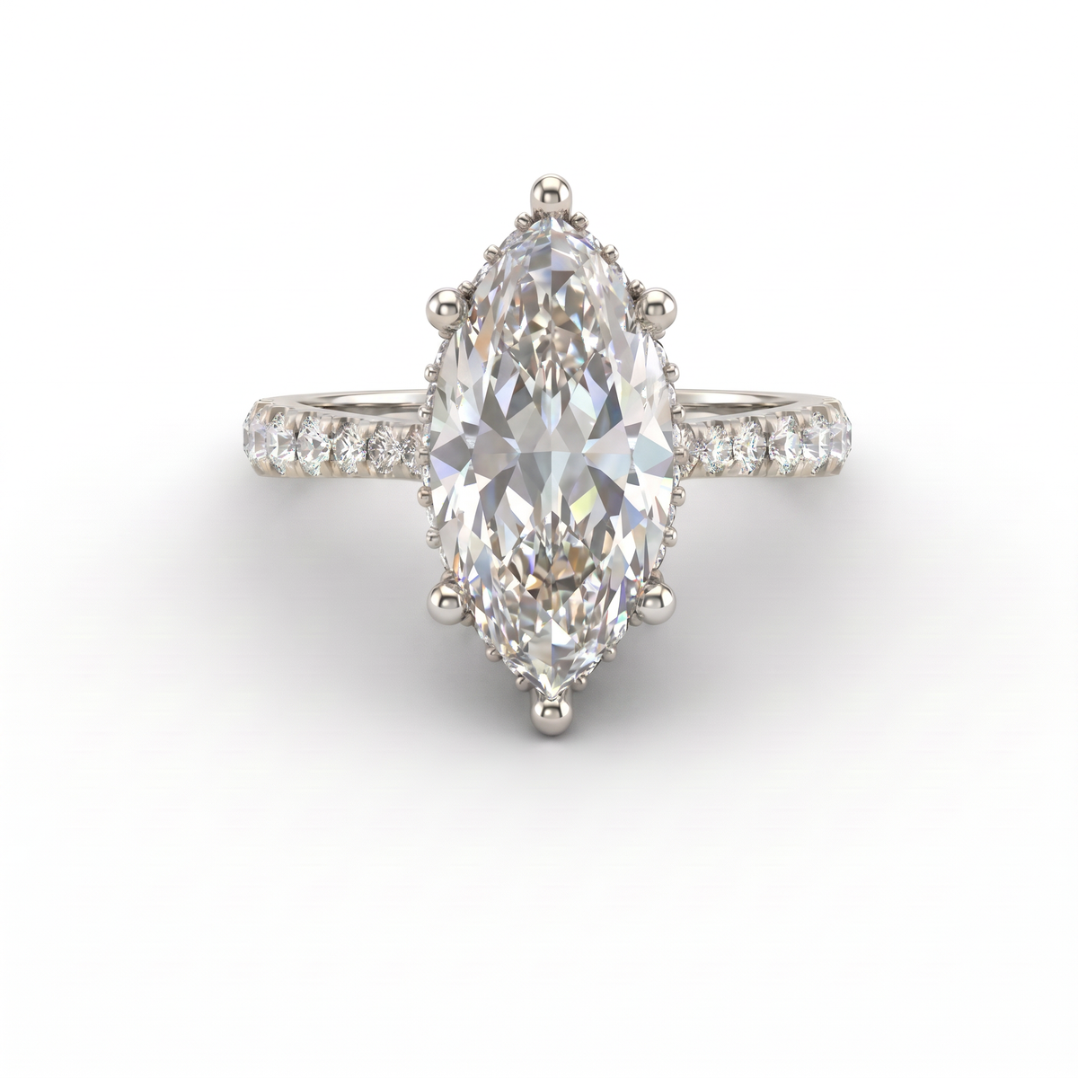 2.5ct marquise cut Lab-Grown Diamond engagement ring in 14K white gold with hidden halo and pavé band, top view