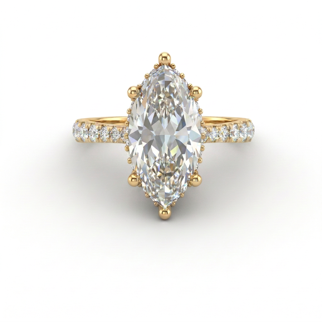 2.5ct marquise cut Lab-Grown Diamond engagement ring in 14K yellow gold with hidden halo and pavé band, top view