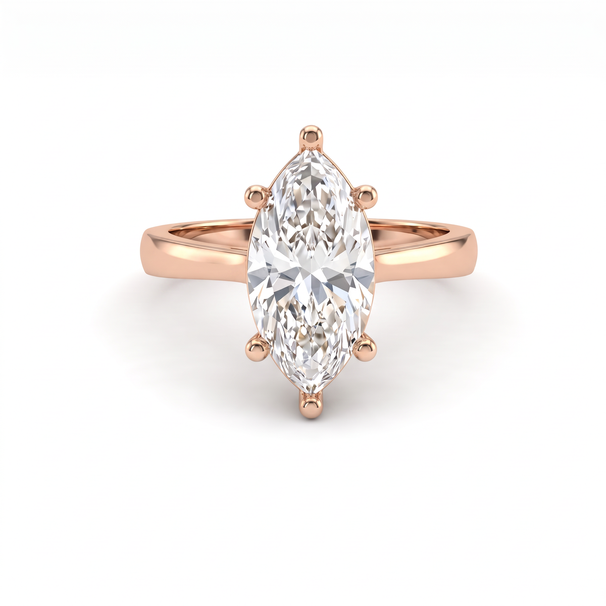 2.5ct marquise cut diamond solitaire in 14K rose gold, front view, six prongs on a 2.5mm shank