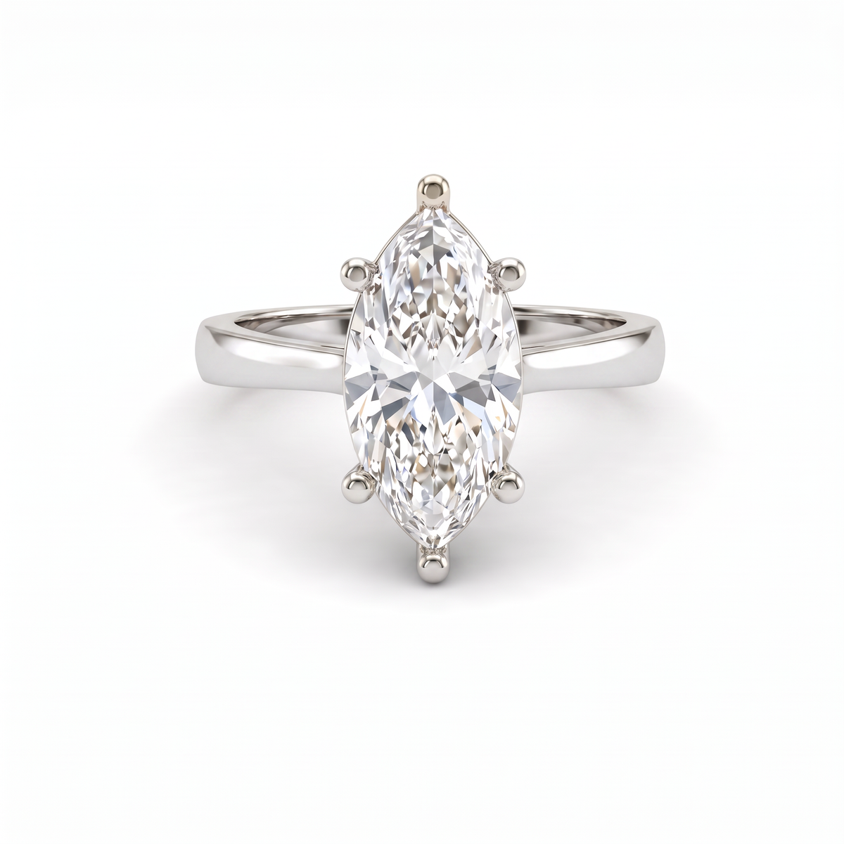 2.5ct marquise cut diamond solitaire in 14K white gold, front view, six prongs on a 2.5mm shank