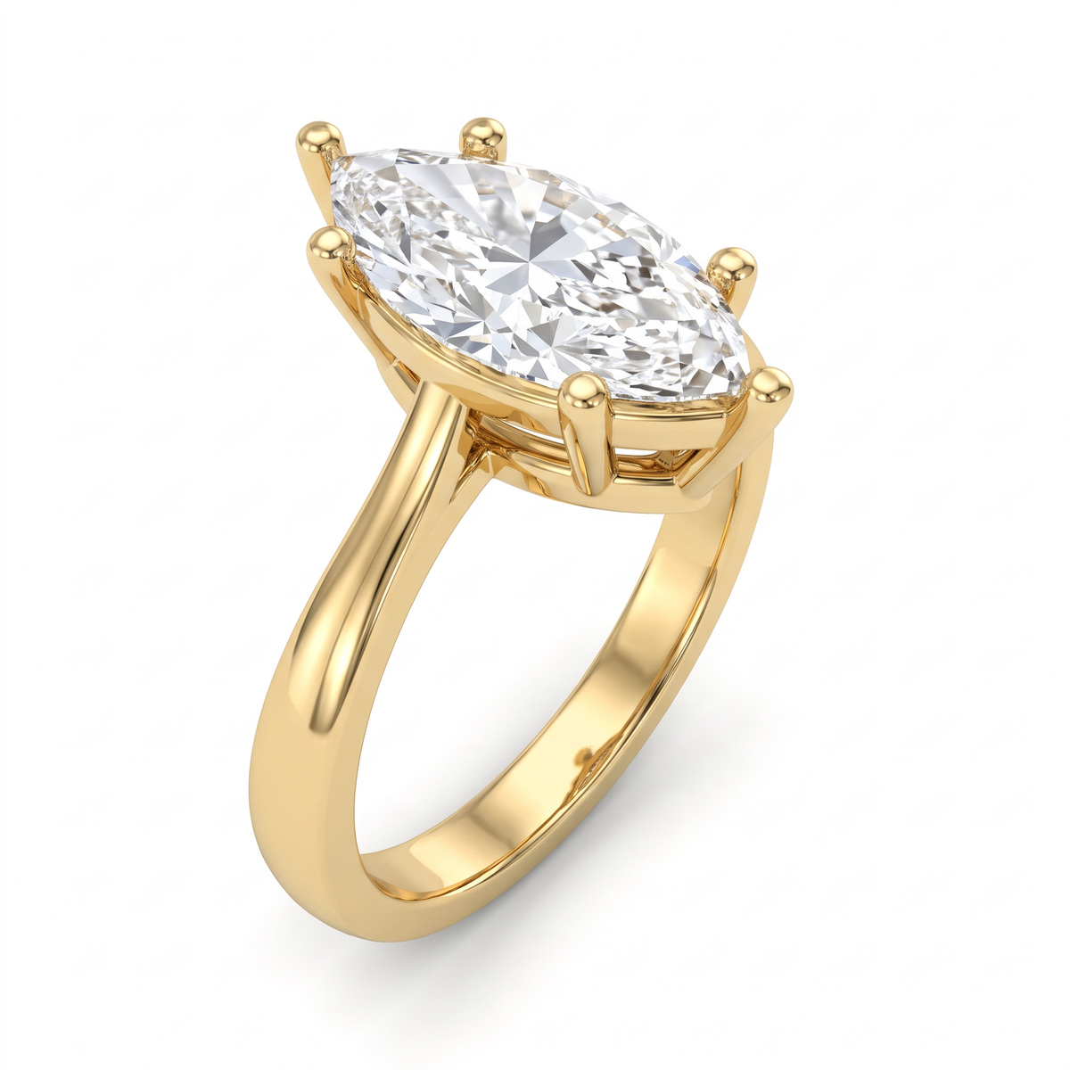 Three-quarter view of the 2.5ct marquise solitaire in 14K yellow gold, six-prong basket above the gallery