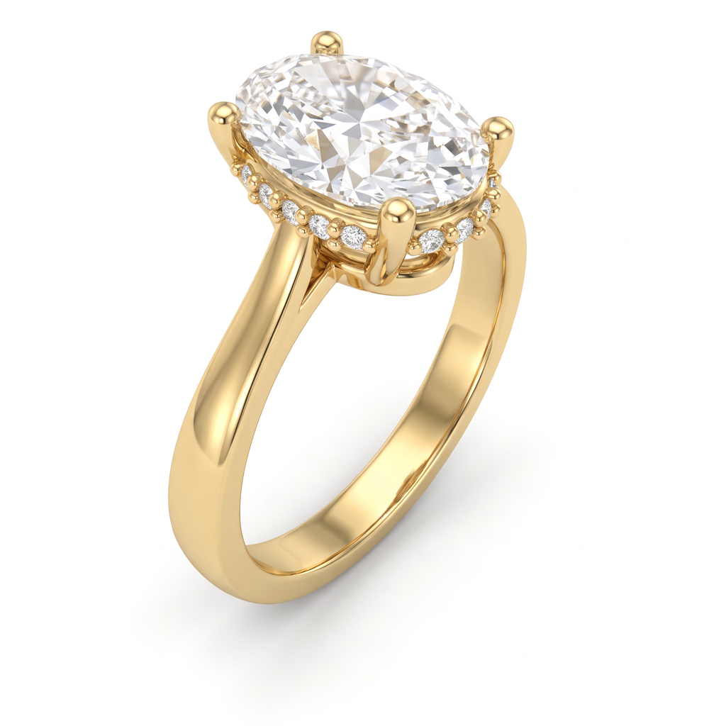 Angled view of a 2.5 carat elongated oval Lab-Grown Diamond engagement ring in 14K yellow gold