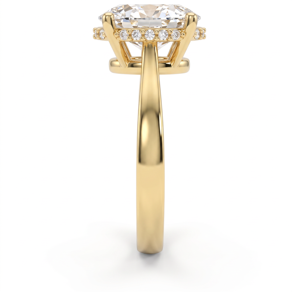 Hidden halo detail, pavé Lab-Grown Diamonds set beneath a 2.5ct oval cut center stone in 14K gold