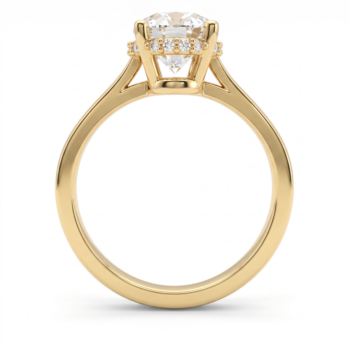 Profile of a 2.5ct oval cut hidden halo engagement ring in 14K yellow gold, four-prong setting