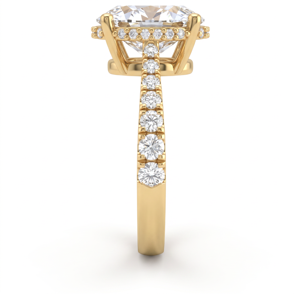 Side view of a 2.5ct oval engagement ring in 14K yellow gold with graduated pavé Lab-Grown Diamond band and hidden halo basket