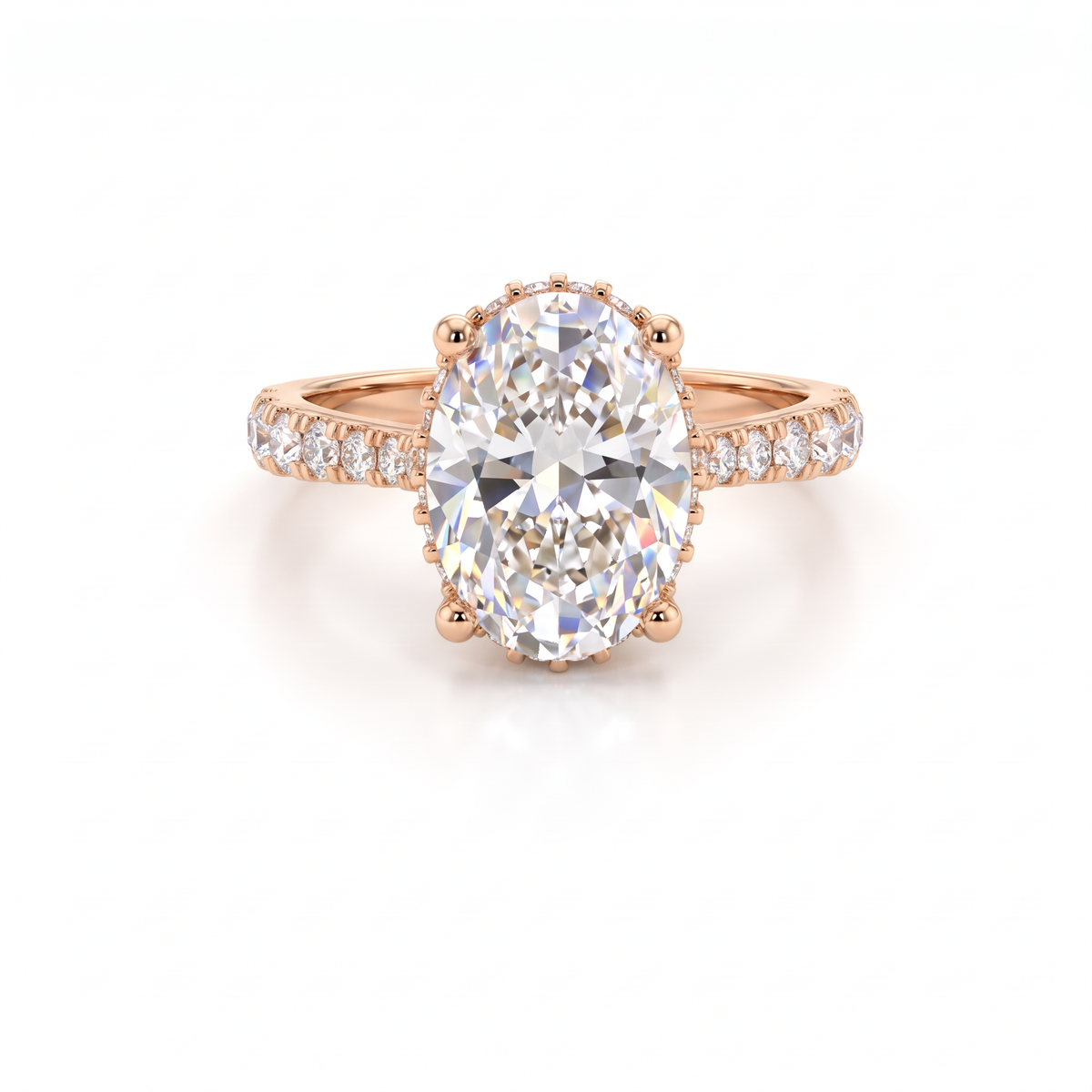 2.5ct oval Lab-Grown Diamond engagement ring in 14K rose gold with hidden halo and pavé band, top view