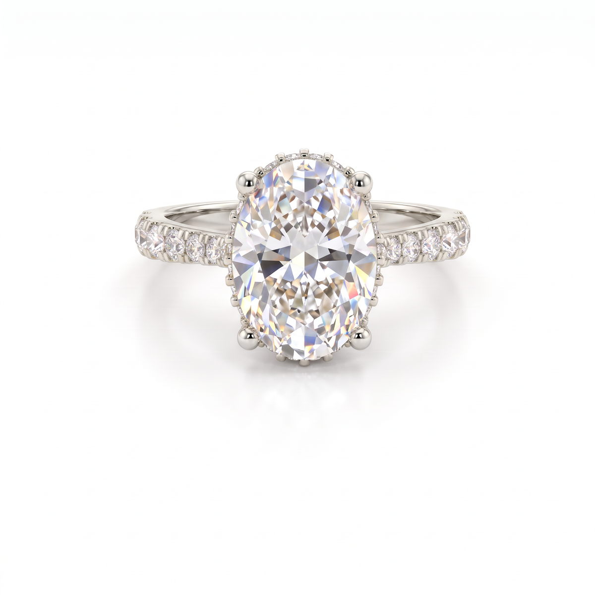 2.5ct oval Lab-Grown Diamond engagement ring in 14K white gold with hidden halo and pavé band, top view